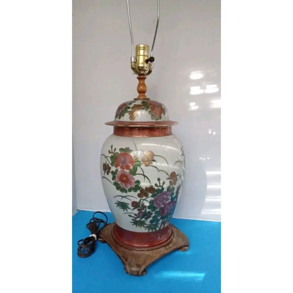 Vintage Floral Ginger Jar Lamp Asian Style Table Lamp Bedside Accent Decor‎